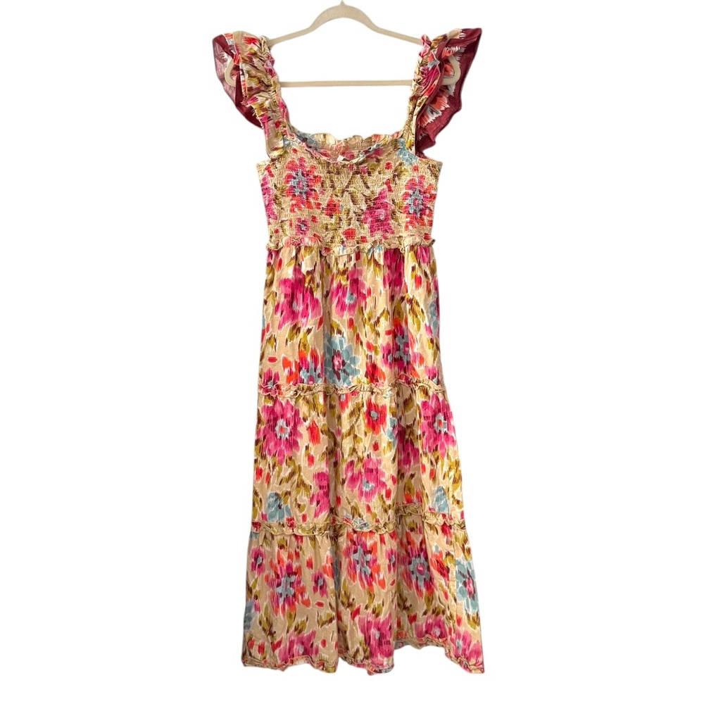 House of Harlow 1960 Large Floral Ruffle Strap Smocked Maxi Dress Boho Style